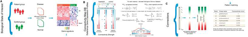 CMAP mRNA expression을 통한 약물 반응-유전체 관계 파악 연구 사례 A) cell-line의 약물 반응을 통해 특정 drug gene signature 도출. B) 시그니처의 발현 분포를 통한 다수의 약물-시그니처 관계 파악. C) 약물 해당 시그니처와 유사한 약물 ranking