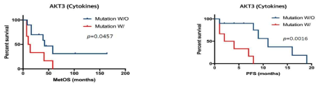 The Comparison of A) PFS and B) OS curves according to the presence of AKT3 gene mutation in patients with mRCC treated with cytokine therapy