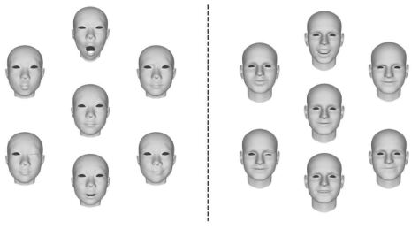 블랜드쉐입 생성 결과, 왼쪽: 예제 블랜드쉐입, 오른쪽: 임의의 얼굴에 대해 생성한 블랜드쉐입