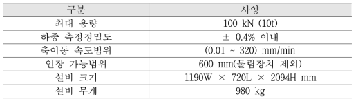 만능재료시험기(인장시험설비)의 주요사양
