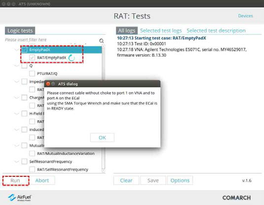 ATS 소프트웨어 상에서 Empty Pad X 시험 선택과 구동