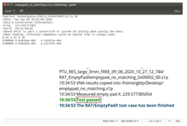 s1p 파일은 자동 저장되어 본 시험은 Pass임을 나타냄 (Test Passed)