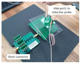 VNA의 port 1에 연결된 Inductive probe와 short된 DUT를 나타냄