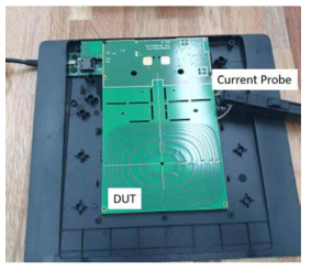 DUT의 코일로 들어가는 전류 측정을 위해 전류 프로브 연결을 보임