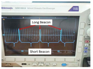 오실로스코프 캡처 화면으로 short beacon과 long beacon을 나타냄