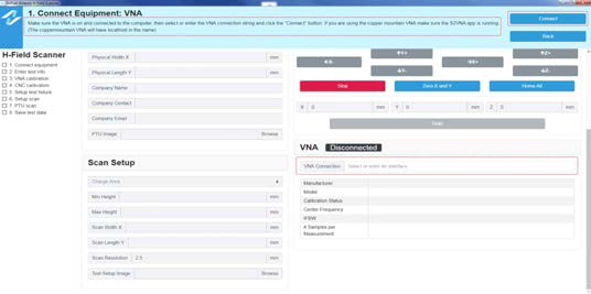 H-field scanner 프로그램 캡처 사진으로 VNA 연결 확인 방법을 보임