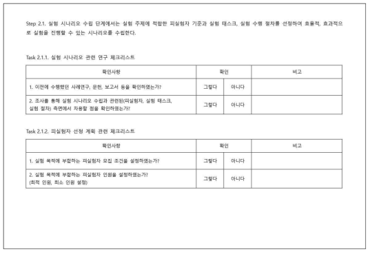 사용자경험 평가 체크리스트 표 초안 예시(Step 2.1. 실험 시나리오 수립)