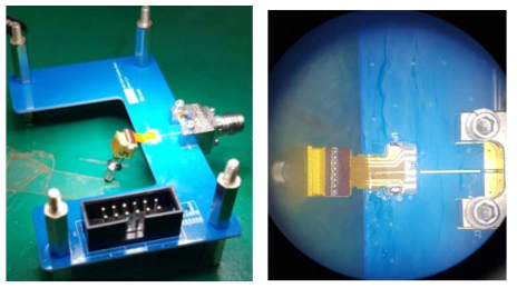 Evaluation board 에 장착된 TOSA sample 모습, 오른쪽 현미경 확대 모습