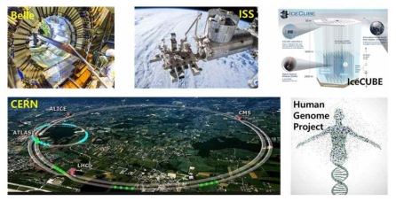 국외에서 연구되고 있는 빅데이터를 필요로 하는 국제 거대 공동 연구인 가속기 실험, 우주관측 실험, 아이스큐브 실험 및 Naturejobs에 게재된 빅데이터 관련 유전자 게놈 프로젝트