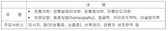 말레이시아 전통의학 및 보완요법의 유형과 주요 서비스