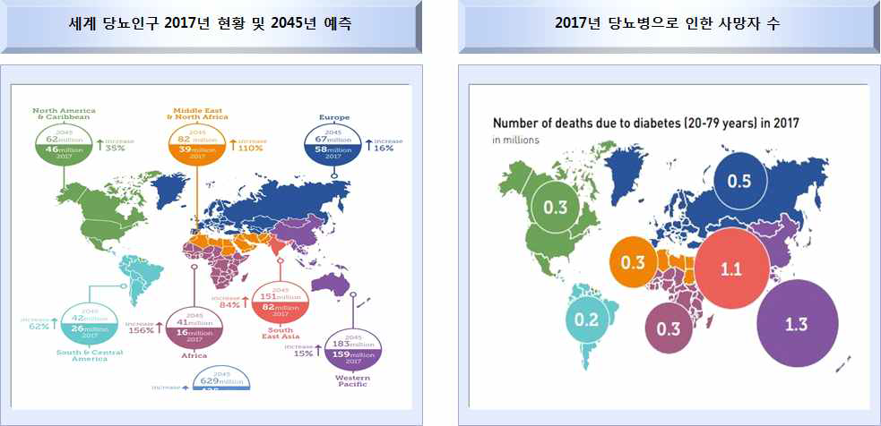 2017년 전 세계 당뇨 인구 및 당뇨로 인한 사망자 수 현황