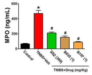 B035 및 B107 화합물의 TNBS-유도 장염 조직의 MPO 억제 활성 비교 평가