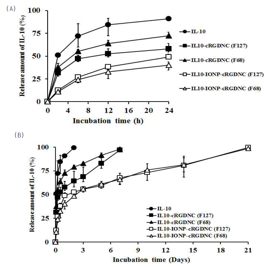 In vitro 상 치료 단백질인 IL-10과 IL-10을 담지한 플라그 표적화 나노입자으로 부터의 단백질 방출 특성 분석 결과 ((A) 24시간 동안, (B) 3주간의 단백질 방출 결과)