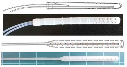기존 2개의 도관으로 연결할 수 있는 튜브를 일체형으로 제작한 단면과 투명한 단면 모습