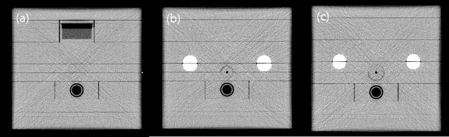 인체모사 팬톰 CT 영상. (a) 방광영역 영상, (b) 3 cm applicator 팬톰, (c) 4 cm applicator 팬톰
