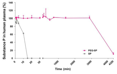 인간 혈청 내에서 SP/PEG-SP의 체외 반감기 비교 분석
