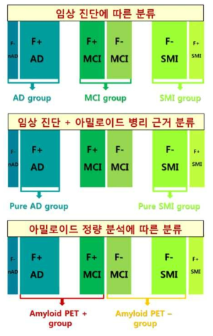 (1) 임상 진단; (2) 병리 소견 근접 임상 진단; (3) 아밀로이드 정량 분석 결과 따른 환자 분류