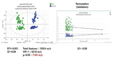 OPLS-DA 결과로 나타난 Score plot(좌)와 PLS-DA permutation을 통한 validation(우)