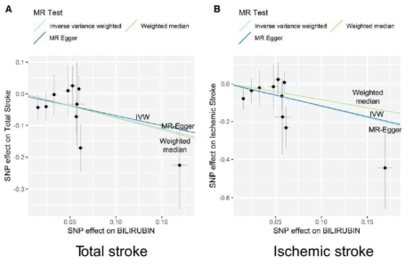 혈청 빌리루빈 수치와 뇌졸중의 Mendelian randomization 결과 Scatter plot