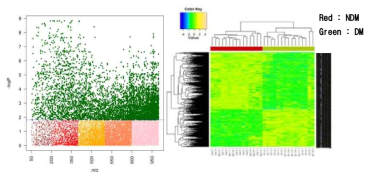 NDM과 DM간 Manhattan plot(좌) and 2-way hierarchical cluster analysis(우)