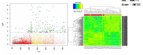 BDM(Y1)과 DM(Y2)의 대사체 표현형- (좌)는 Mahattan plot이며, (우)는 2-way HCA
