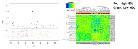 HDL와 간 Mahattan plot(좌)과 2-way hierarchical cluster analysis(우)