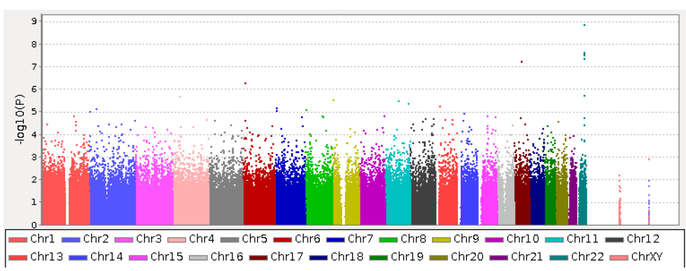 Manhattan Plot of the p values regarding to serum ALT level in GWAS