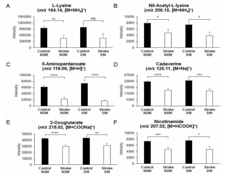 정상인과 허혈성 뇌졸중 risk 환자를 당뇨병 여부로 나누어 Lysine catabolites의 intensity를 bar graph를 이용해 비교 (A) L-Lysine (m/z 164.14, [M+NH4]+, (B) N6-Acetyl-L-lysine (m/z 206.15, [M+NH4]+), (C) 5-Aminopentanoate (m/z 118.09, [M+H]+), (D) Cadaverine (m/z 125.11, [M+Na]+), (E) 2-Oxoglutarate (m/z 215.02, [M+HCOONa]+ and (F) Nicotinamide (m/z 207.02, [M+HCOOK]+)