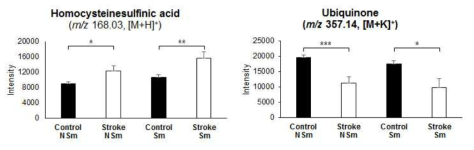 정상인과 허혈성 뇌졸중 risk 환자를 흡연 여부로 나누어 Homocysteinesulfinic acid의 intensity (좌), Ubiquinone의 intensity (우)를 bar graph를 이용해 비교