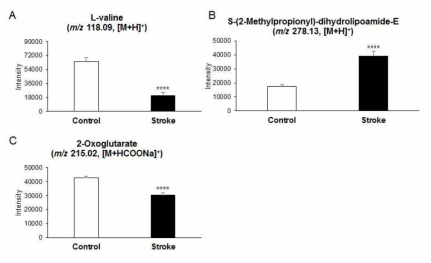 정상인과 허혈성 뇌졸중 risk 환자 간 Valine degradation pathway의 intensity 비교 (A) L-Valine (m/z 118.09, [M+H]+), (B) S-(2-Methylpropionyl)-dihydrolipoamide-E (m/z 278.13, [M+H]+), (C) 2-Oxoglutarate (m/z 215.02, [M+HCOONa]+)