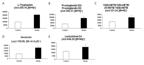 정상인과 뇌졸중 환자 간 Serotonergic synapse pathway 대사체들의 intensity를 bar graph를 이용해 비교 (A) L-Tryptophan (m/z 205.10, [M+H]+, (B) Prostaglandin E2, Prostaglandin D2 (m/z 395.21, [M+K]+), (C) 15(S)-HETE, 5(S)-HETE, 20-HETE, 19(S)-HETE (m/z 321.24, [M+H]+), (D) Serotonin (m/z 159.09, [M+H-H2O]+), (E) Leukotriene C4 (m/z 648.29, [M+Na]+) * p-value(<0.05)