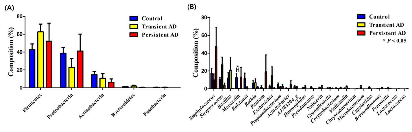 두 그룹 사이의 피부 마이크로바이옴의 비교 A. Phylum, B. Genus