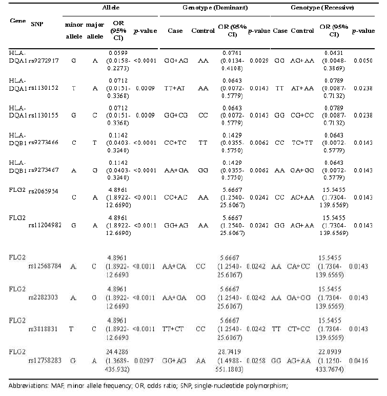 HLA 유전자와 FLG2 유전자의 위험인자 Odds ratio