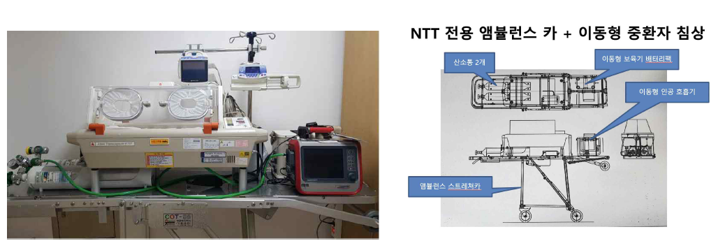 NTT 전용 스트레쳐 카. 설계도면 및 제작을 의뢰하여 제품을 제작하였음. 본 스트레쳐 카를 항시 준비 시켜 놓고 출동 시에 밀고 앰뷸런스에 간단하게 탑재가 가능함