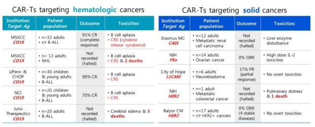 임상에서 보고된 CAR-T세포 치료제의 효과 및 독성 사례