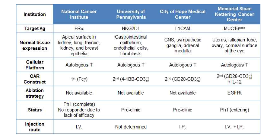 현재 개발/평가된 난소암 표적 CAR-T 치료제 현황
