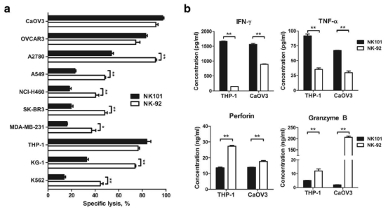 NK101 과 NK-92 의 in vitro 살상능 및 사이토카인 분비능 비교