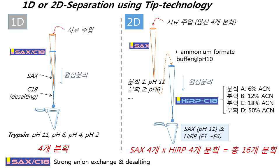Tip기반 시료전처리 모식도: 2단계 분리, 분획 방법의 적용(SAX, HiRP)