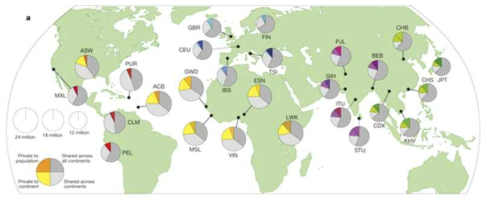 (a) 1000 Genome Project를 통해 발굴된 유전체 변이의 지역별/민족별 분포. (ref.2)