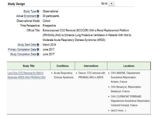 Gmabro-Baxter의 PrismaLung의 임상시험 관련자료.(http://clinicaltrials.gov)