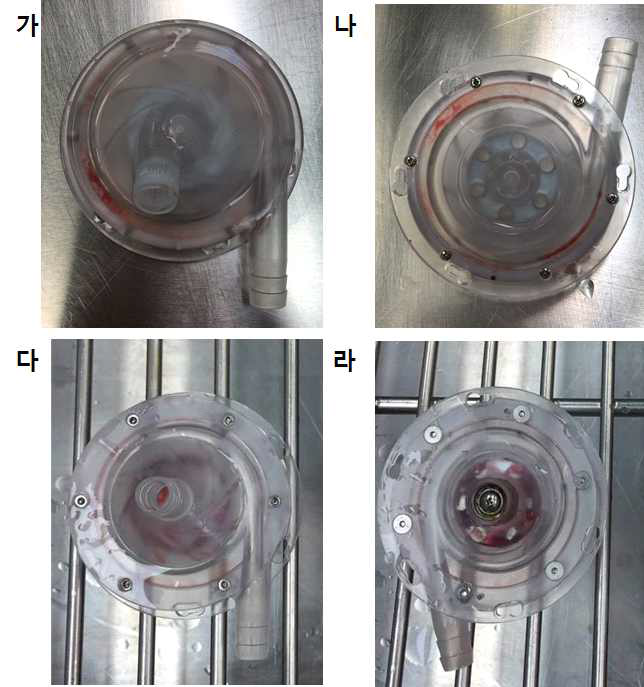 용혈테스트 종료 후 세척한 펌프헤드 (가) Prototype3.4(전면). (나) Prototype3.4 (후면). (다) Prototype4(전면). (라) Prototype4(후면)