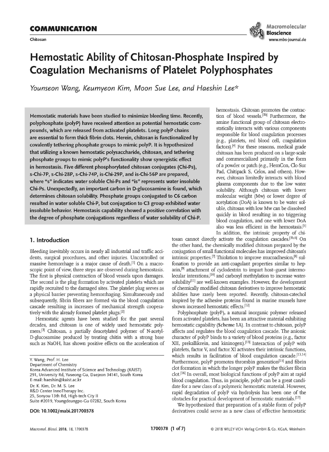 논문1. Hemostatic ability of chitosan-phosphate inspired by coagulation mechanisms of platelet polyphosphate