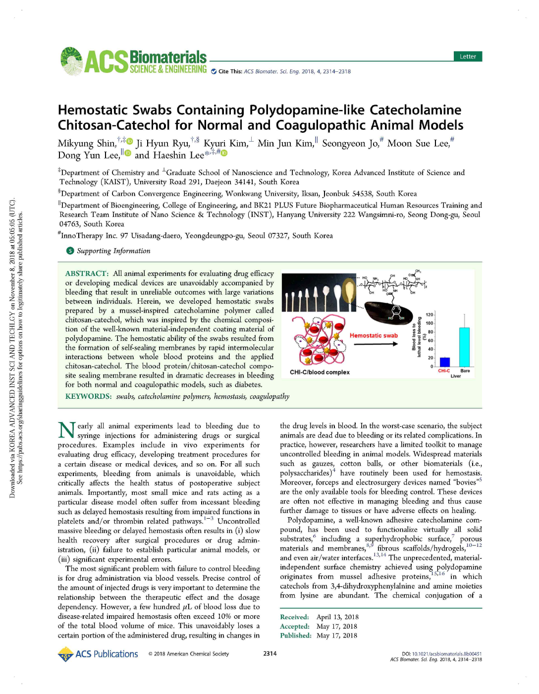 논문3. Hemostatic swabs containing Polydopamine-like catecholamine chitosan-catec how for normal and coagulopathic animal models