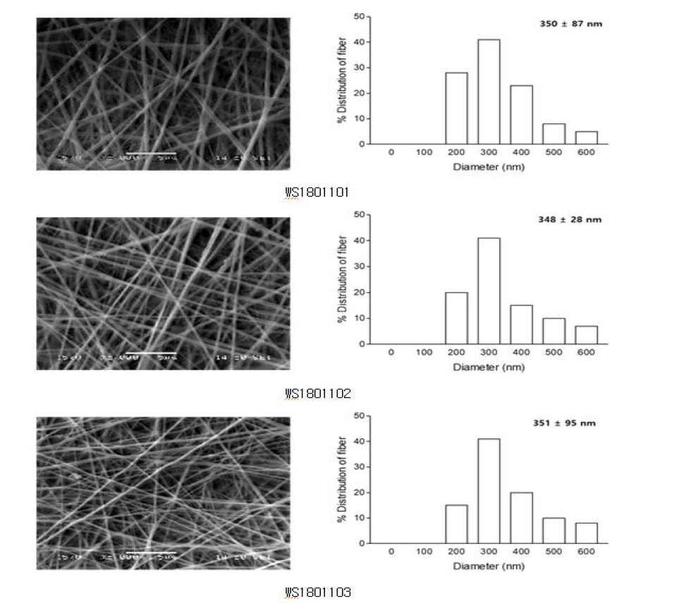 Lot별 SEM사진 & 평균 섬유 직경