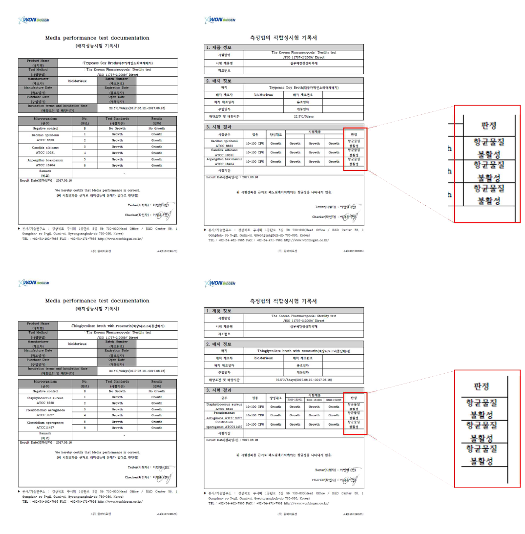 무균시험 성적서 (Lot.WS170601)