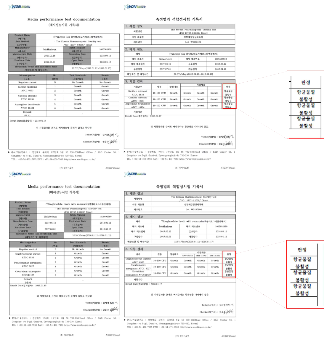 무균시험 성적서 (Lot.WS180104)