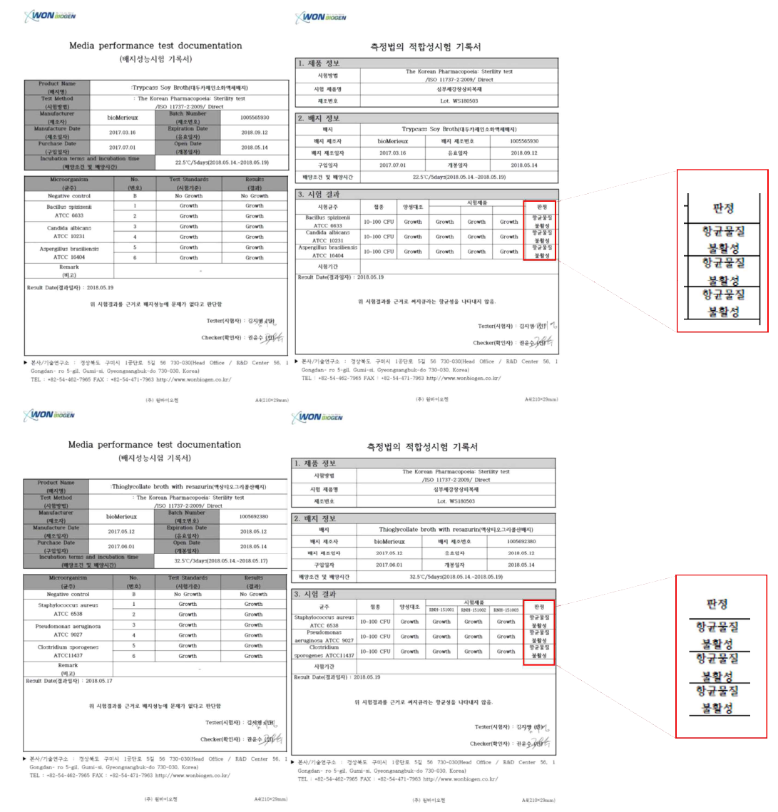 무균시험 성적서 (Lot.WS180503)