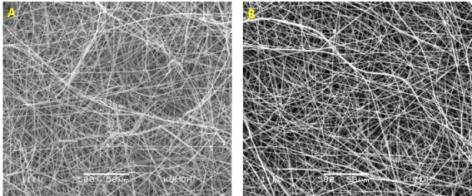 나노섬유 SEM 이미지; A) 기존 공정 , B) 변경된 공정