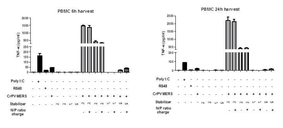 PBMC에 RNA adjuvant 후보 물질 처리 한 후 상층액에 분비된 TNF-α 측정