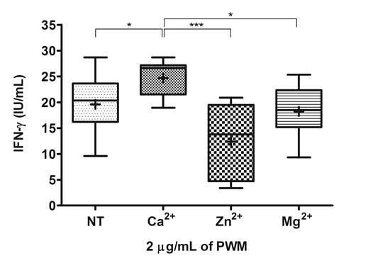 PWM에 Ca2+, Zn2+, Mg2+의 첨가제의 처리에서 인터페론감마 분비 효과